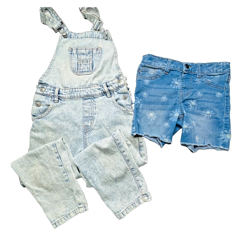Y&F Overalls & Vigoss Shorts Girls Size 9 10 Lot Acid Wash Daisy Floral Denim